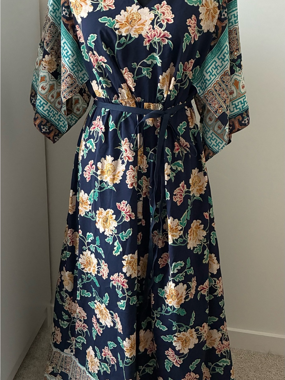 Chico's Navy Floral Maxi Dress with Belt